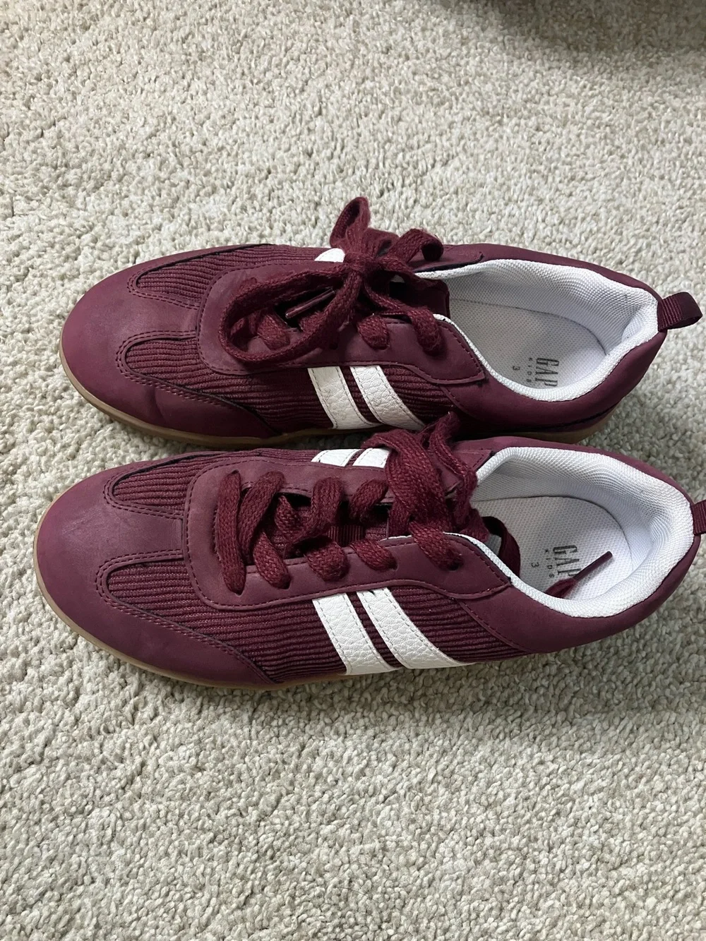 GAP Kids Burgundy Sneakers with White Stripes and Gum Sole